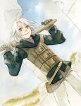  arita_youko blue_eyes cloud clouds final_fantasy final_fantasy_iii gloves luneth male nib_pen nib_pen_(medium) pillar ponytail sheath sheathed sky smile solo standing sword traditional_media watercolor watercolor_(medium) weapon white_hair 