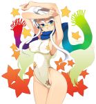  arms_up blue_eyes breasts erect_nipples glasses kusanagi_tonbo long_hair one-piece one-piece_swimsuit original scarf sideboob star swimsuit white_hair 