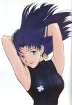  armpits arms_behind_head arms_up blue_hair brown_eyes cross earrings highres jewelry katsuragi_misato long_hair necklace neon_genesis_evangelion official_art scan 