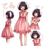  1girl :d animal_ears black_hair carrying crossed_arms dress inaba_tewi jewelry looking_at_viewer musical_note necklace open_mouth pink_dress rabbit_ears red_eyes rough short_hair simple_background smile solo touhou translation_request white_background yanagida_fumita 