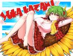  bad_feet barefoot breasts character_name cleavage error feet flower green_hair kazami_yuuka large_breasts lying mokku red_eyes smile solo sunflower touhou 