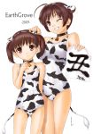  2girls animal_ears bell brown_eyes brown_hair child cow_bell cow_ears cow_print cow_tail grin multiple_girls new_year one-piece_swimsuit school_swimsuit short_hair smile swimsuit tail tsuchinoto twintails white_school_swimsuit wink 