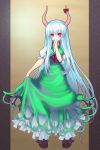  absurdly_long_hair blue_hair blush breasts cleavage coffee_cat dress ex-keine ex_keine gradient_hair green_dress hand_over_mouth hands horn_ribbon horns kamishirasawa_keine long_hair multicolored_hair pink_eyes ribbon silver_hair skirt_hold standing touhou very_long_hair 