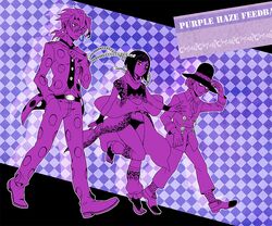  1girl 2boys braid cannolo_murolo formal hat jojo_no_kimyou_na_bouken multiple_boys necktie pannacotta_fugo purple_haze_feedback sewenan sheila_e suit twin_braids 