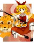  blonde_hair hair_ornament polearm shawl shimomoto short_hair spear tiger toramaru_shou touhou weapon 