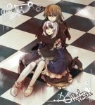  brown_hair checkered detached_sleeves earrings echo frills gathers grey_eyes heterochromia hug hug_from_behind jewelry long_hair pandora_hearts red_eyes short_hair sitting smirk thigh_boots thighhighs vincent_nightray white_hair yellow_eyes yuzu_juncgr 