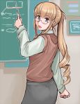  blonde_hair blue_eyes casual chalkboard drill_hair glasses long_hair looking_back ponytail rozen_maiden rozenweapon school shinku teacher 
