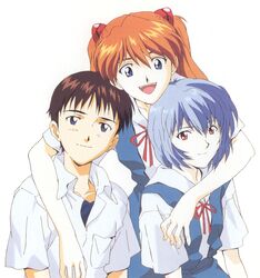  ayanami_rei blue_eyes blue_hair brown_hair highres ikari_shinji neon_genesis_evangelion official_art red_eyes red_hair redhead scan school_uniform short_hair smile souryuu_asuka_langley twintails 