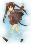  bag black_hair brown_eyes cat_ears eating fish food k-on! legs long_hair nakano_azusa school_uniform skirt socks solo tail taiyaki tourin_fuwa twintails wagashi 