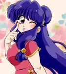  1girl ;p akanbe bell chinese_clothes commentary_request double_bun floral_background hair_ornament highres looking_at_viewer one_eye_closed purple_hair ranma_1/2 ribbon shampoo_(ranma_1/2) smile solo suzusato_rinka tongue tongue_out winking 
