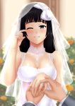  1girl absurdres black_eyes black_hair bridal_veil bride dress highres jewelry long_hair parted_lips pov ring rockmanwjh smile solo_focus tears veil wedding wedding_band wedding_dress wiping_tears 