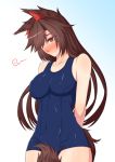  1girl alternate_costume animal_ears arms_behind_back blue_swimsuit blush breasts brown_hair collarbone commentary_request covered_navel cowboy_shot hair_over_one_eye imaizumi_kagerou long_hair mamedenchi medium_breasts nose_blush one-piece_swimsuit red_eyes solo swimsuit tail touhou wavy_mouth wolf_ears wolf_tail 