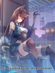  1girl absurdres animal_ears boots bow_(weapon) brown_eyes brown_hair corset elbow_gloves gloves gyakushuu_no_fantasica highres kokka_han long_hair one_eye_closed rain shorts solo tail thigh-highs thigh_boots underbust weapon wet wet_clothes 