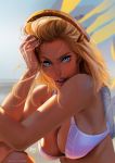  1girl bikini bikini_top blonde_hair blue_eyes breasts eva_solo highres mechanical_halo mercy_(overwatch) open_mouth overwatch solo swimsuit upper_body white_bikini 