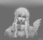 1boy artist_name berserk expressionless feathers grey_background greyscale griffith koffo-art long_hair male_focus monochrome portrait signature simple_background solo 
