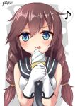  1girl artist_name blue_eyes braid brown_hair commentary_request eyebrows eyebrows_visible_through_hair food gloves ice_cream ice_cream_cone kantai_collection licking long_hair looking_at_viewer natsunoyuu noshiro_(kantai_collection) school_uniform serafuku solo tongue tongue_out upper_body white_gloves 