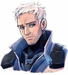  1boy blue_eyes facial_hair lintufriikki looking_at_viewer male_focus mask mask_removed overwatch scarf short_hair simple_background soldier:_76_(overwatch) solo upper_body white_background white_hair 