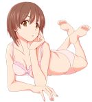  1girl arm_support bangs bow bow_bra bra breasts brown_eyes brown_hair cleavage egooo girls_und_panzer hand_on_own_cheek looking_at_viewer lying medium_breasts nishizumi_miho on_stomach panties pink_bra pink_panties short_hair solo underwear underwear_only white_background 