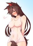  1girl alternate_costume animal_ears arms_behind_back blush breasts brown_hair collarbone commentary_request covered_navel cowboy_shot hair_over_one_eye imaizumi_kagerou long_hair mamedenchi medium_breasts nose_blush one-piece_swimsuit red_eyes solo swimsuit tail touhou wavy_mouth white_swimsuit wolf_ears wolf_tail 
