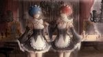  2girls blue_eyes blue_hair bottle breasts chair chandelier detached_sleeves drinking_cup hair_over_one_eye highres looking_at_viewer maid maid_headdress multiple_girls ram_(re:zero) re:zero_kara_hajimeru_isekai_seikatsu red_eyes redhead rem_(re:zero) sa&#039;yuki short_hair siblings sisters table twins 