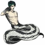  1boy abs black_hair claws fangs green_eyes green_lipstick headband jojo_no_kimyou_na_bouken kishibe_rohan lipstick makeup male_focus monster_boy open_mouth scales shirtless snake_tail solo wallfloristry 