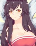  1girl ahri animal_ears bare_shoulders black_hair breasts cleavage collarbone detached_sleeves facial_mark fox_ears fox_tail korean_clothes large_breasts league_of_legends long_hair looking_at_viewer multiple_tails solo tail whisker_markings yellow_eyes 