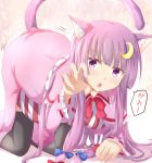  1girl all_fours animal_ears ass_shake bangs black_legwear blunt_bangs capelet cat_ears cat_tail crescent crescent_hair_ornament dress hair_ornament kemonomimi_mode long_hair long_sleeves looking_at_viewer open_mouth patchouli_knowledge purple_hair ram_hachimin ribbon-trimmed_sleeves ribbon_trim solo striped striped_dress tail thigh-highs touhou violet_eyes 