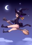  1girl animal_ears black_hair broom broom_riding cat_ears cat_tail crescent_moon facial_mark hat highres moon no_panties original short_hair solo tail typo_(requiemdusk) witch_hat 