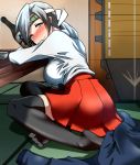  1girl ass bangs blush bottle breasts chitose_(kantai_collection) choko_(cup) commentary_request drunk elbows_on_table flight_deck floor grey_eyes hair_ribbon hakama headband highres jacket jacket_removed japanese_clothes kantai_collection large_breasts leaning_forward leaning_on_object looking_at_viewer looking_back nose_blush parted_bangs ponytail ribbon sake_bottle shirt silver_hair sitting sitting_on_floor smile solo table thigh-highs white_shirt yoiyoi_(kannkann100) yokozuwari zettai_ryouiki 