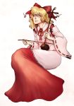  1girl blonde_hair bow dress embodiment_of_scarlet_devil erhu full_body highres moonywitcher red_bow ribbon satsuki_rin short_hair sleeves_past_wrists solo touhou yellow_eyes 