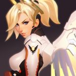  1girl blonde_hair blue_eyes blurry breasts clothes_writing high_ponytail ilya_kuvshinov large_breasts latin lips long_hair mechanical_halo mechanical_wings mercy_(overwatch) overwatch parted_lips solo upper_body wings 