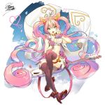  1girl animal_ears breasts cat_ears cat_tail garakuta_omocha guitar hair_ornament heart heart_hair_ornament high_heels instrument long_hair navel open_mouth pink_hair rosia_(show_by_rock!!) show_by_rock!! signature sitting smile solo tail thigh-highs twintails very_long_hair 