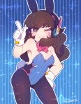  1girl ;) adapted_costume animal_ears bangs bare_shoulders black_legwear blue_background bow bowtie breasts brown_eyes brown_hair bunny_tail bunnysuit contrapposto cowboy_shot d.va_(overwatch) eyebrows eyebrows_visible_through_hair facial_mark fake_animal_ears finger_gun gloves grin hand_on_hip headphones index_finger_raised leotard long_hair looking_at_viewer one_eye_closed overwatch pantyhose parted_lips pink_bow pink_bowtie rabbit_ears ringed_eyes signature smile solo starry_shizen strapless strapless_leotard striped tail vertical-striped_background vertical_stripes whisker_markings white_gloves 