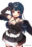  1girl bangs black_legwear black_wings blue_hair breasts cowboy_shot double-breasted dress elbow_gloves feathered_wings foreshortening gloves hair_bun half_updo hand_to_forehead ichinose_yukino layered_skirt long_hair looking_at_viewer love_live! love_live!_sunshine!! open_mouth outstretched_arm outstretched_hand reaching_out side_bun simple_background sleeveless smile solo thigh-highs tsushima_yoshiko twitter_username violet_eyes white_background wings zettai_ryouiki 