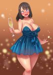  1girl 2016 :d alcohol bangs bare_shoulders blue_dress blush breasts brown_background brown_hair champagne champagne_flute crossed_legs cup dated dress drinking_glass drunk head_tilt holding_drinking_glass large_breasts light_particles long_hair looking_at_viewer mole mole_on_breast morimoto_chio nose_blush open_mouth original sash short_dress signature smile solo strapless strapless_dress thick_thighs thighs violet_eyes watson_cross zheng 