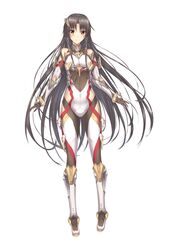  1girl ass_visible_through_thighs bare_shoulders black_hair blush bodysuit boots brown_eyes closed_mouth detached_sleeves eyebrows eyebrows_visible_through_hair full_body gloves highres light_smile long_hair looking_at_viewer luzi mirai_(project_nimbus) official_art pilot_suit project_nimbus side_cutout sidelocks simple_background skin_tight solo standing tsurime turtleneck very_long_hair white_background 