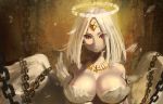  1girl angel angel_wings bare_shoulders blonde_hair breasts chain chained cleavage halo jewelry kazo large_breasts looking_at_viewer necklace original red_eyes solo tiara upper_body wings 