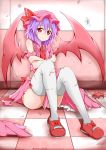  1girl absurdres ascot bare_shoulders checkered checkered_floor full_body highres karamoneeze lavender_hair looking_at_viewer mary_janes red_eyes remilia_scarlet shoes sitting solo thigh-highs torn_clothes torn_thighhighs touhou white_legwear wings 