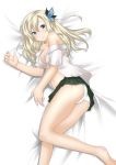  1girl bed_sheet blonde_hair blue_eyes boku_wa_tomodachi_ga_sukunai breasts cleavage collarbone green_skirt hair_ornament kashiwazaki_sena long_hair looking_at_viewer lying navel on_side open_clothes open_shirt panties pleated_skirt shirt skirt solo underwear white_panties white_shirt yoshikita_popuri 