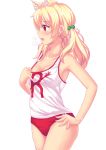  1girl :o animal_ears armpits bare_arms bare_shoulders blonde_hair blush breasts breath buruma cat_ears cleavage clothes_writing collarbone eyebrows eyebrows_visible_through_hair fast-runner-2024 hair_bobbles hair_ornament hand_on_hip highres long_hair low_twintails medium_breasts open_mouth original profile red_eyes shirt shirt_tug simple_background sleeveless solo sweatdrop thighs tiffy twintails visible_air white_background white_shirt 