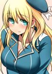  1girl atago_(kantai_collection) bangs beret blonde_hair blue_eyes blue_hat blue_jacket breasts cleavage commentary_request eyebrows eyebrows_visible_through_hair from_above gradient gradient_background hair_between_eyes hat jacket kantai_collection large_breasts long_hair looking_at_viewer no_shirt sidelocks simple_background sketch smile solo upper_body v-arms yoiyoi_(kannkann100) 