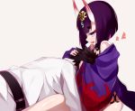  1boy 1girl :d black_hair blush commentary_request fang fate/grand_order fate_(series) from_side head_in_chest heart highres horns hug japanese_clothes oni oni_horns open_mouth petting purple_hair shimeji_nameko short_hair shuten_douji_(fate/grand_order) simple_background smile solo_focus violet_eyes 