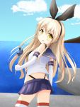  blonde_hair blush brown_eyes kantai_collection long_hair personification ribbon seifuku shimakaze_(kantai_collection) skirt sky 