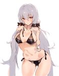  1girl ass_visible_through_thighs bikini black_bikini blush breasts cleavage covered_nipples cowboy_shot grey_hair kishiyo long_hair low_twintails mole mole_under_eye navel panzer_waltz red_eyes simple_background solo swimsuit twintails very_long_hair white_background 