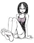 1girl absurdres bare_arms bare_legs barefoot crosshatching eyebrows eyebrows_visible_through_hair feet glasses highres knees_up legs_together looking_at_viewer messy_hair monochrome open_mouth original shadow shorts sitting yamamoto_souichirou 