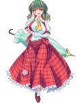  1girl :d arm_strap ascot blush breast_hold breasts closed_umbrella commentary_request elbow_rest flower frilled_skirt frills full_body green_hair hand_on_own_cheek highres kazami_yuuka large_breasts loafers long_sleeves open_clothes open_mouth open_vest plaid plaid_skirt plaid_vest red_eyes shirt shoes simple_background skirt skirt_set smile solo sunflower tachi-e touhou umbrella unaligned_breasts vest white_background white_shirt zephid 