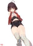  1girl bandaged_leg bare_shoulders bike_shorts blush breasts brown_hair highres koutetsujou_no_kabaneri looking_at_viewer mumei_(kabaneri) red_eyes short_hair simple_background solo white_background yang-do 