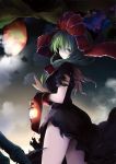  1girl absurdres black_dress bone bow carrying closed_mouth clouds cowboy_shot dress front-tie_top front_ponytail green_eyes green_hair hair_bow hat highres kagiyama_hina lantern lefthand light long_hair looking_at_viewer night pointing puffy_short_sleeves puffy_sleeves red_bow red_hat ribbon short_sleeves sky solo standing thighs torn_clothes torn_dress torn_sleeves touhou upskirt wrist_ribbon 