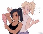  2girls alternate_hairstyle artist_name bare_shoulders black_hair blonde_hair blue_eyes blush braid brown_eyes collarbone eye_of_horus facial_mark facial_tattoo hair_tubes hand_mirror mercy_(overwatch) mirror multiple_girls outstretched_arms overwatch pants pharah_(overwatch) ponytail shirt short_hair side_braids sidelocks simple_background sleeveless sleeveless_shirt tank_top tattoo toma_(tomama97) white_background 