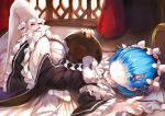  1girl blue_eyes blue_hair breasts detached_sleeves dress hair_ornament hair_over_one_eye hair_ribbon headdress holding_tray indoors looking_at_viewer lying maid medium_breasts on_back re:zero_kara_hajimeru_isekai_seikatsu rem_(re:zero) ribbon short_hair smile solo thigh-highs tray umagenzin white_legwear x_hair_ornament 